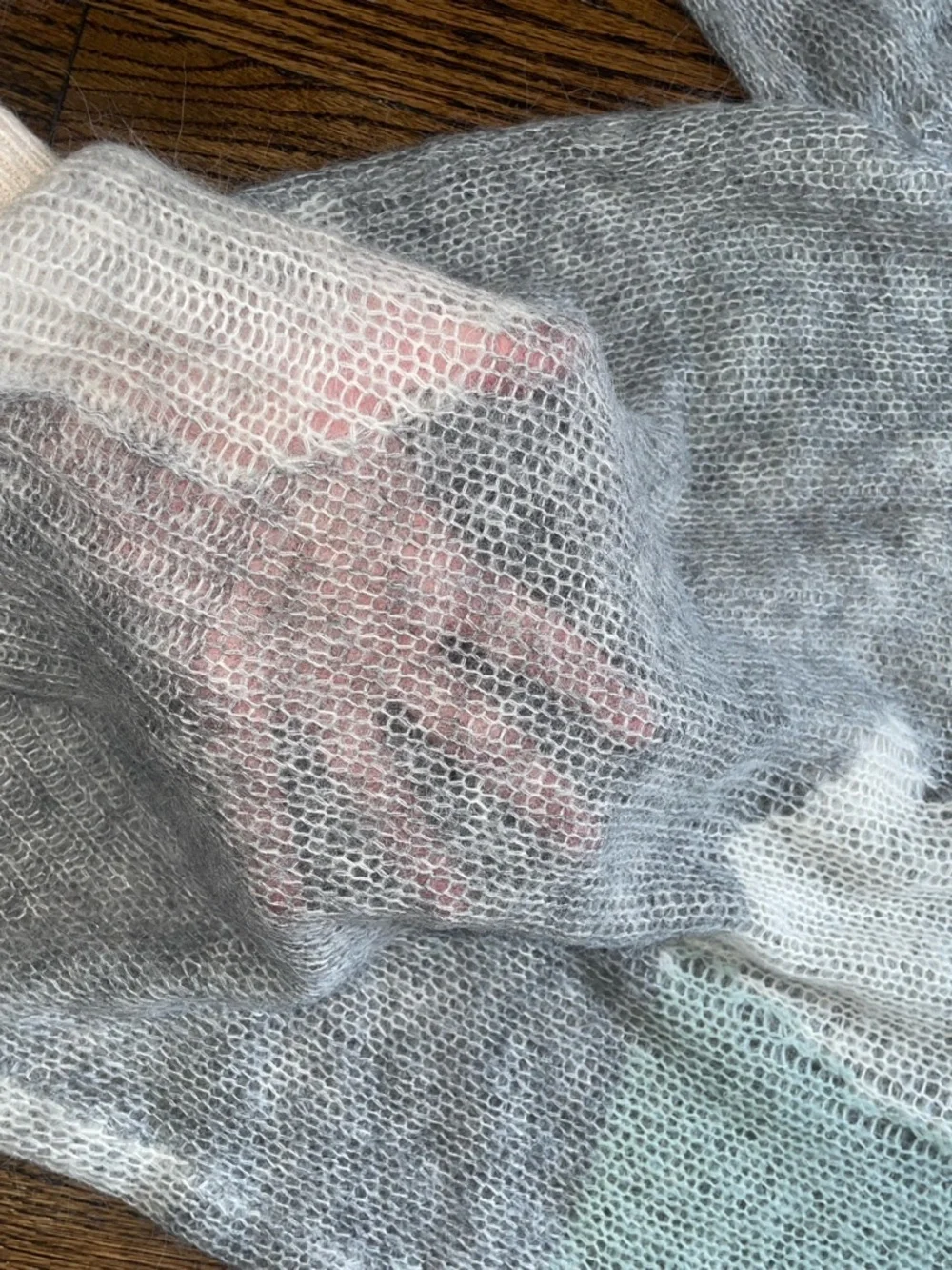 Zara Gray Mohair-Blend Crewneck Sweater with Cream & Mint Accents